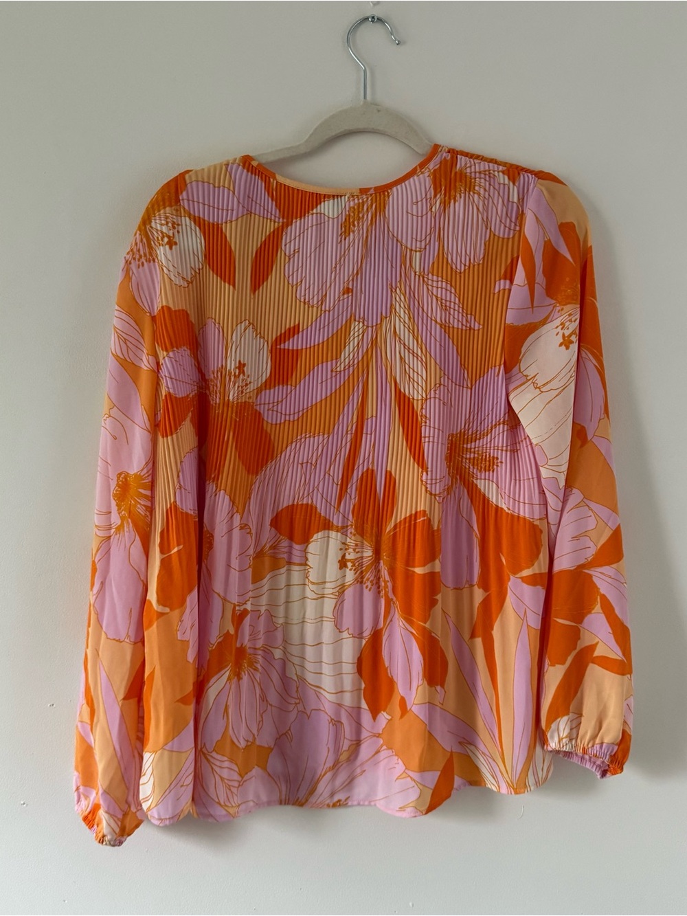 DR2 Romantic Pleated Floral Blouse Pink Orange Boho Resort Top - Picture 3 of 3